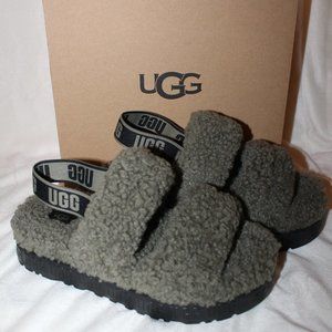 NIB‎ UGG FLUFFITA PLATFORM SLINGBACK SANDAL SLIPPERS OLIVE GREEN GRAY 10